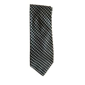 "Villa Bugatti" Mens Silk Tie Black Grey Silver Geo Checkerboard Long Necktie